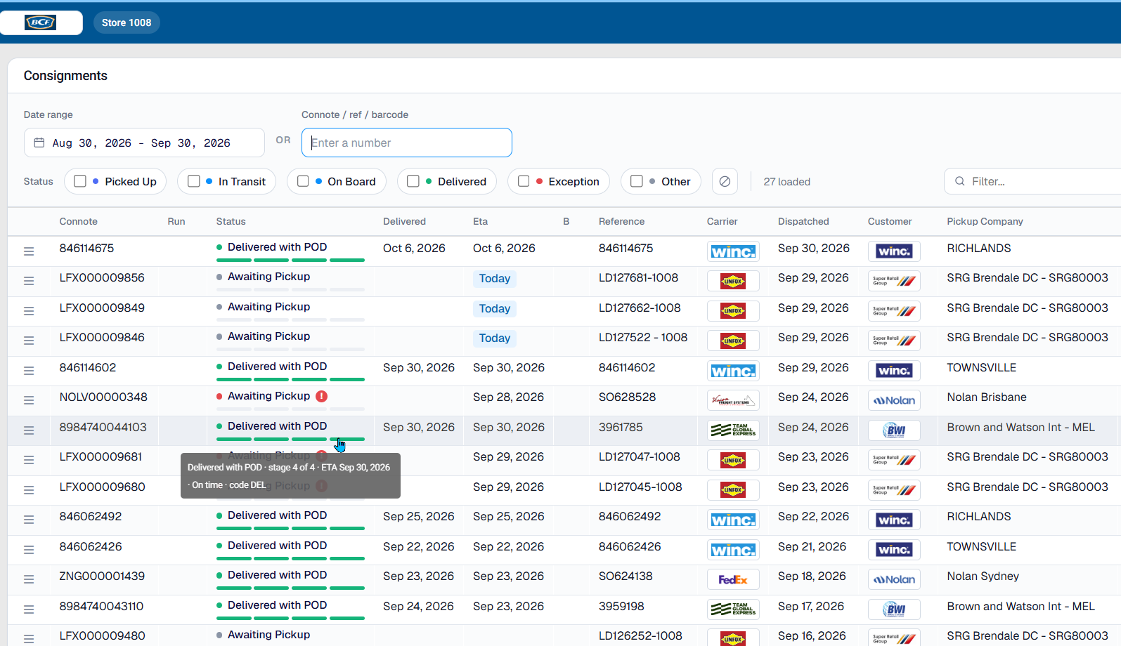 Delivered with POD progress bar showing a tooltip with stage 4 of 4, ETA Sep 30 2026, On time and code DEL.