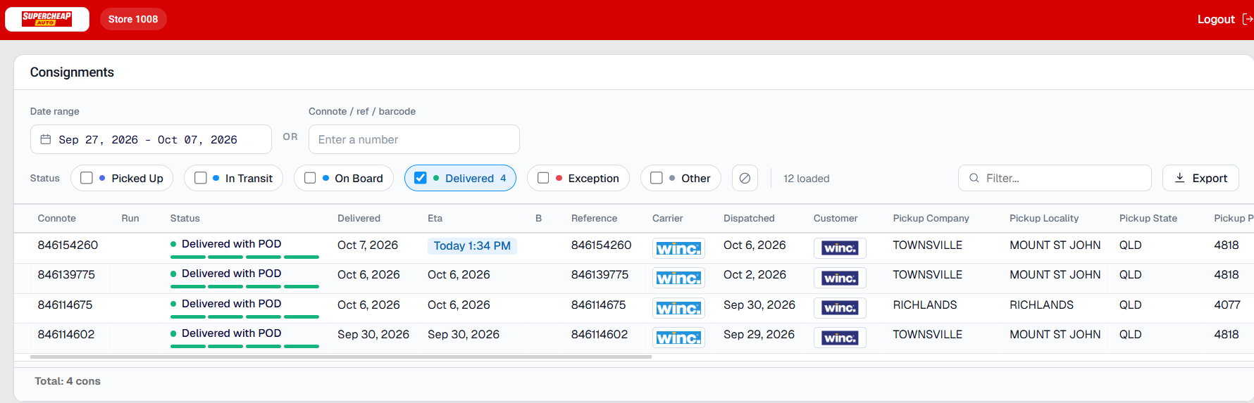 Supercheap Auto Store 1008 with Delivered selected, showing four Delivered with POD records.