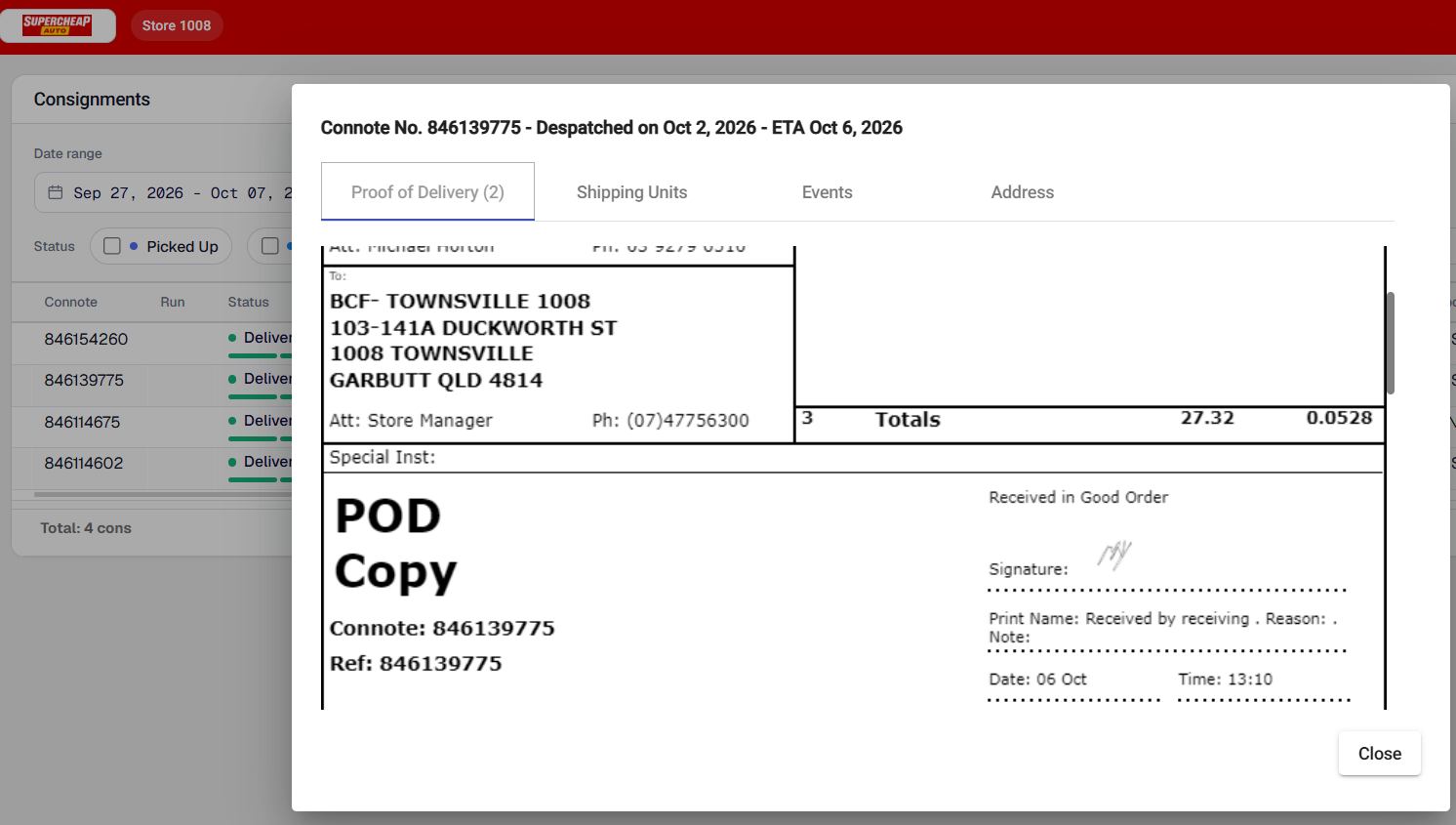 Proof of Delivery tab showing the supplied receipt document, received-by information, delivery date, time and signature.